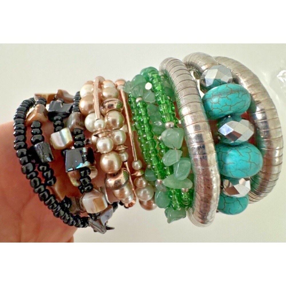 Wrap Bracelet Lot Green Aqua Beige Beaded Silver Tone Statement Set 5 Stunning